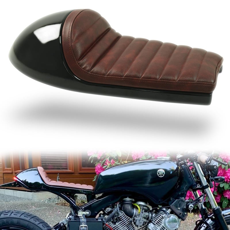 DKMOTORK 0393 Hump Motorcycle Retro Cafe Racer Seat for Honda Yamaha Suzuki Kawasaki Black Brownï¼ˆgloss black finish, subframe modification is requiredï¼‰ - Image 1